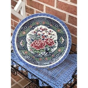 Vintage Hand Painted Japanese Toyo Serving Bowl Floral Roses Blue & Pink